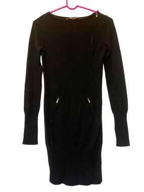 BCBG Maxazria Black Long-Sleeve Cashmere Sweater Dress With Zipper Details XS